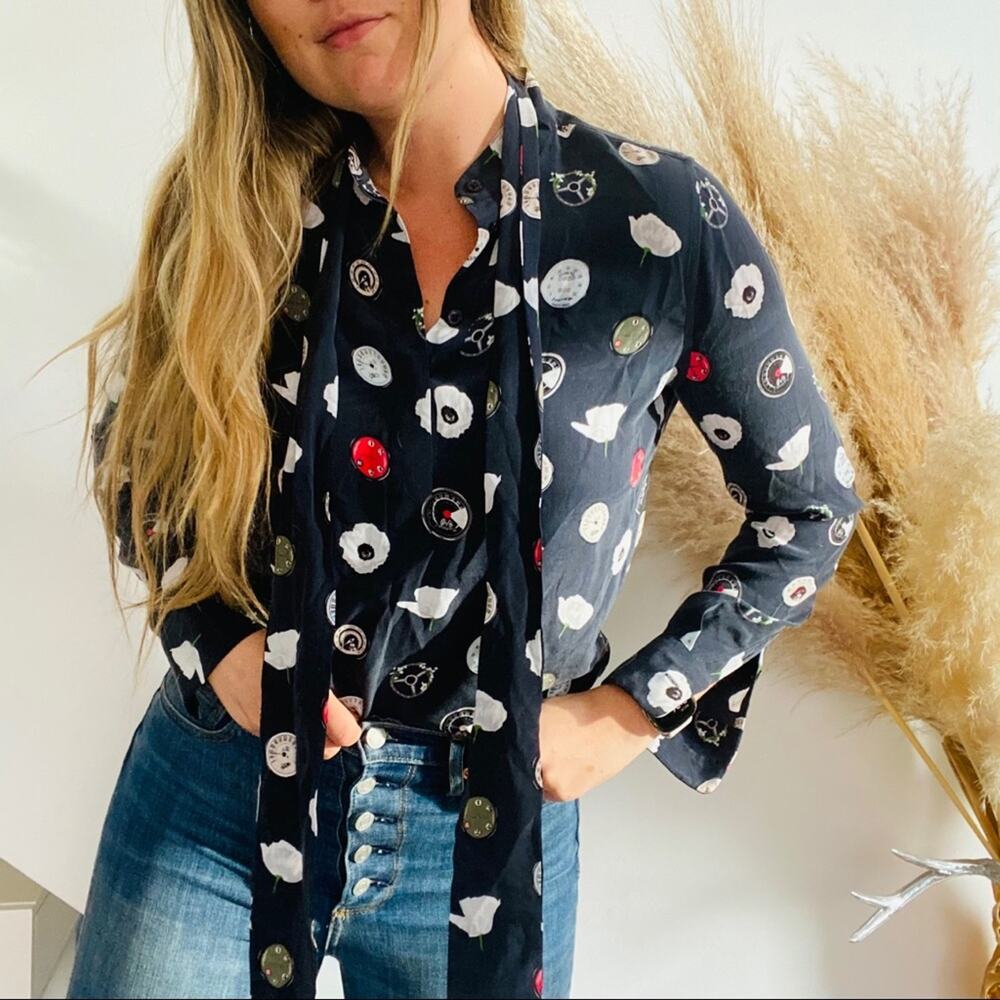 EQUIPMENT Silk Navy Gray Floral Printed Tie Neck Henley Blouse Top Shirt XS